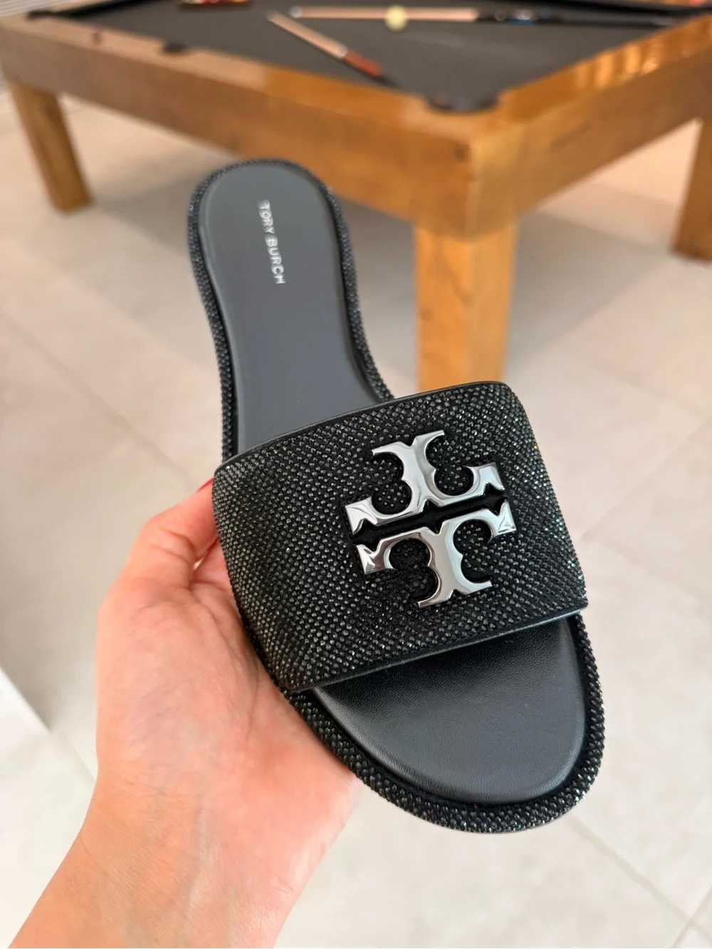 Tory Burch Everly Crystal Slide Sandals‎ Black Women’s RUNS SMALL Size 9